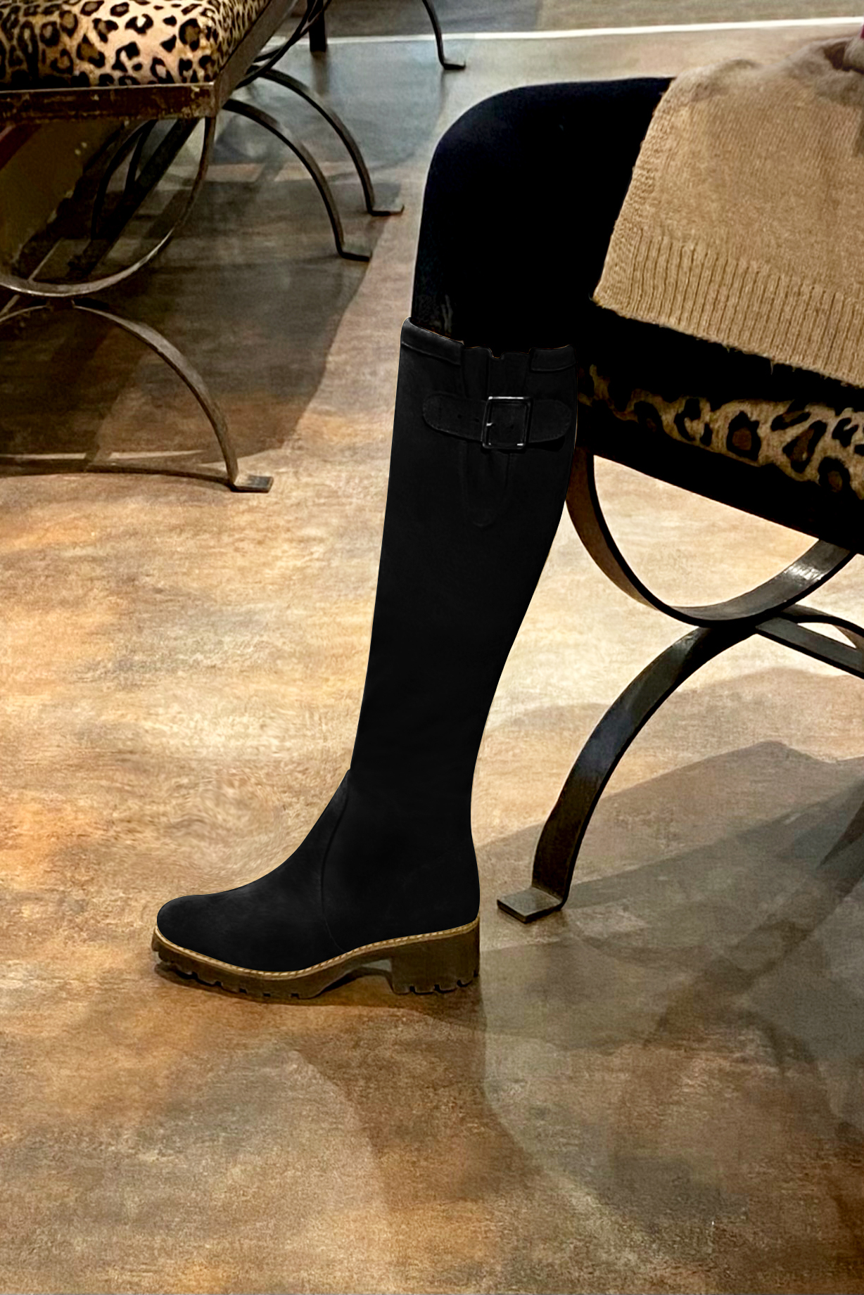 Matt black women's knee-high boots with buckles.. Made to measure. Worn view - Florence KOOIJMAN